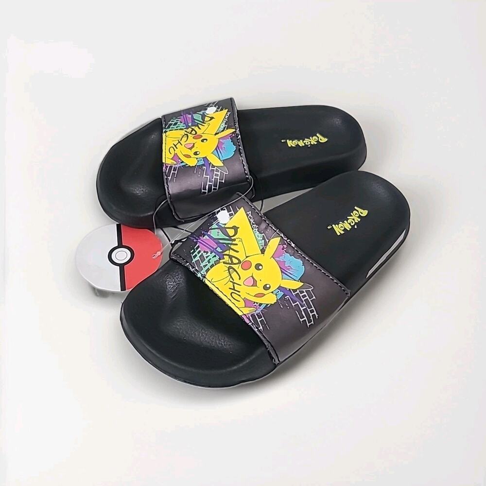 Pokemon Pikachu Slide Sandals Youth Black Graphic Slip On Shoes Size 13/1